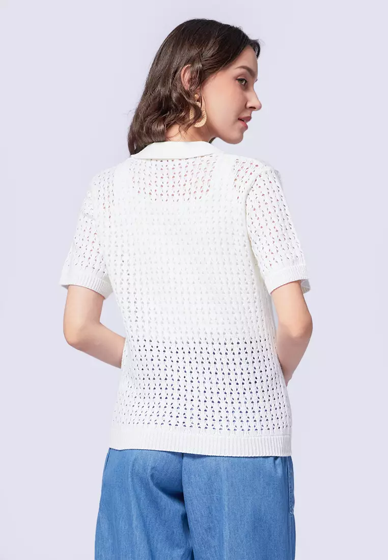 Open Work Knit Polo Top OFF WHITE