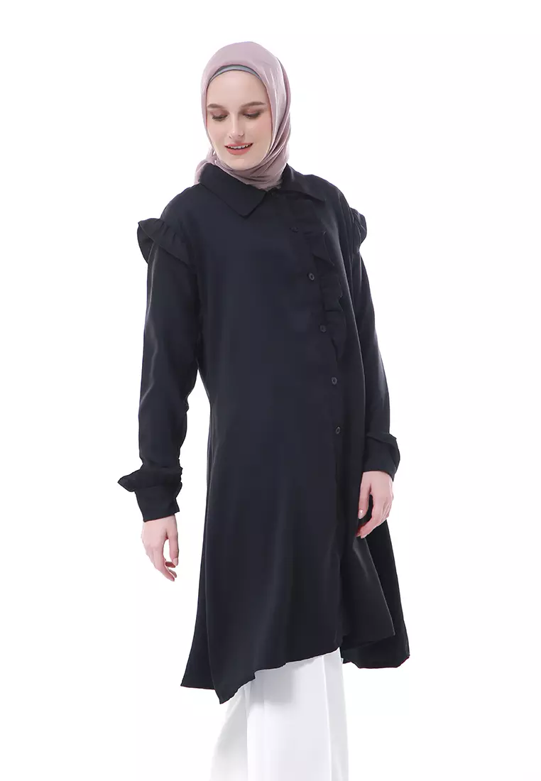 Zemira Tunik Atasan Wanita Motif Polos Long Sleeve - Hitam