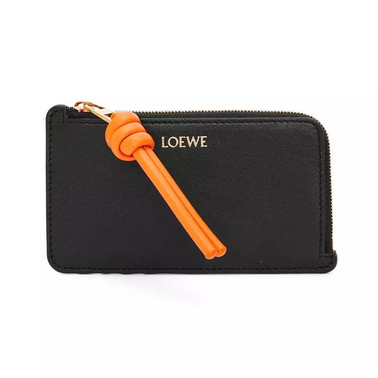 Knot Shiny Nappa Calfskin Coin Card Holders Black Bright Orange
