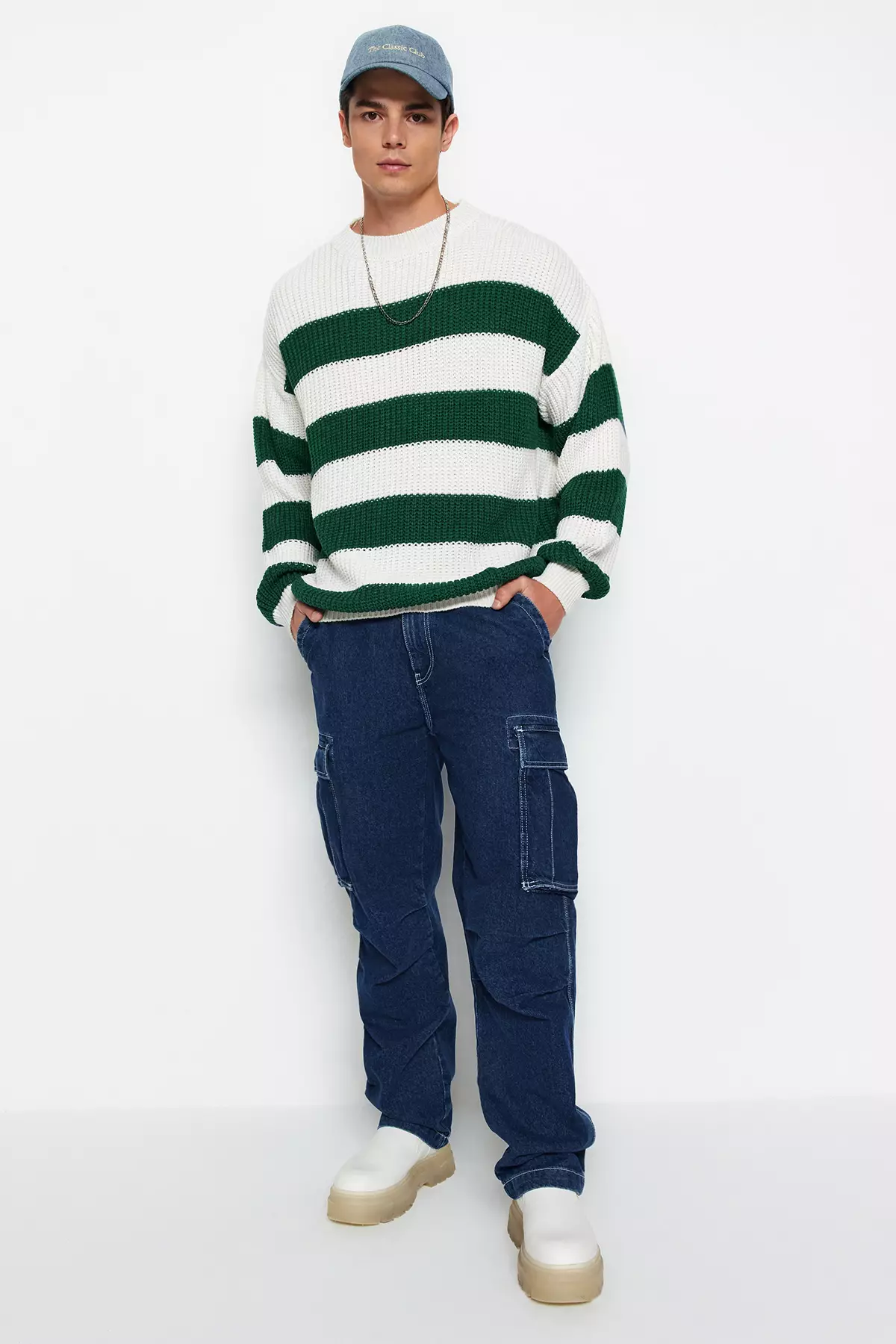 Dark Green Casual Oversize Fit Wide Fit Crew Neck Striped Knitwear Sweater Tmnaw23Kz00106
