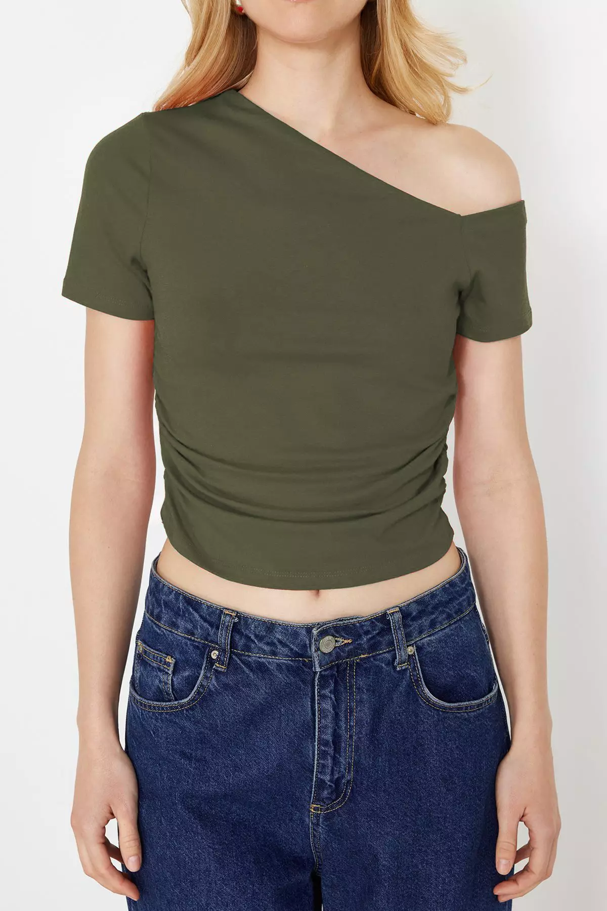 Khaki Pleated Asymmetric Collar Flexible Knitted Blouse