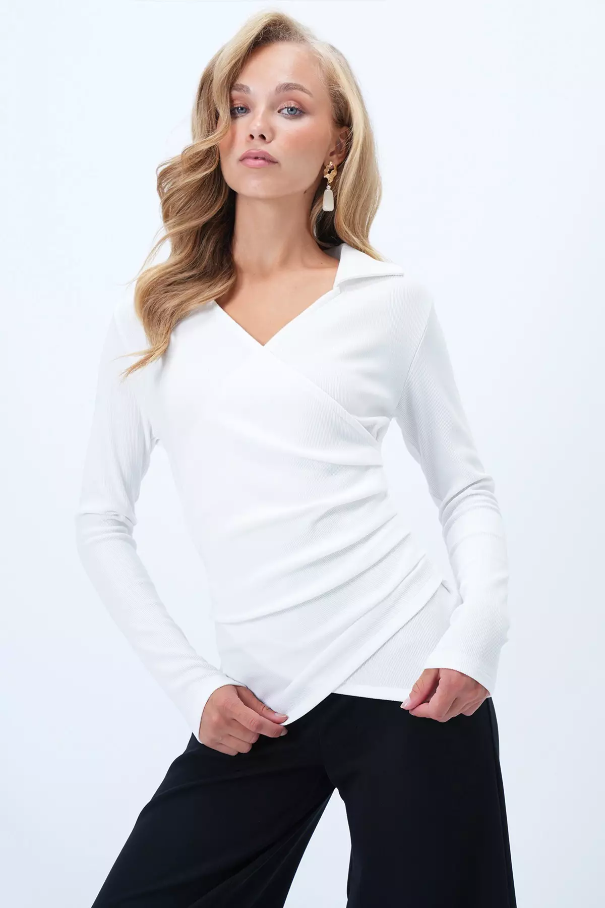 Women's White Shirt Collar Double Breasted Cut Drape Detailed Ottoban Blouse Alc-X14344