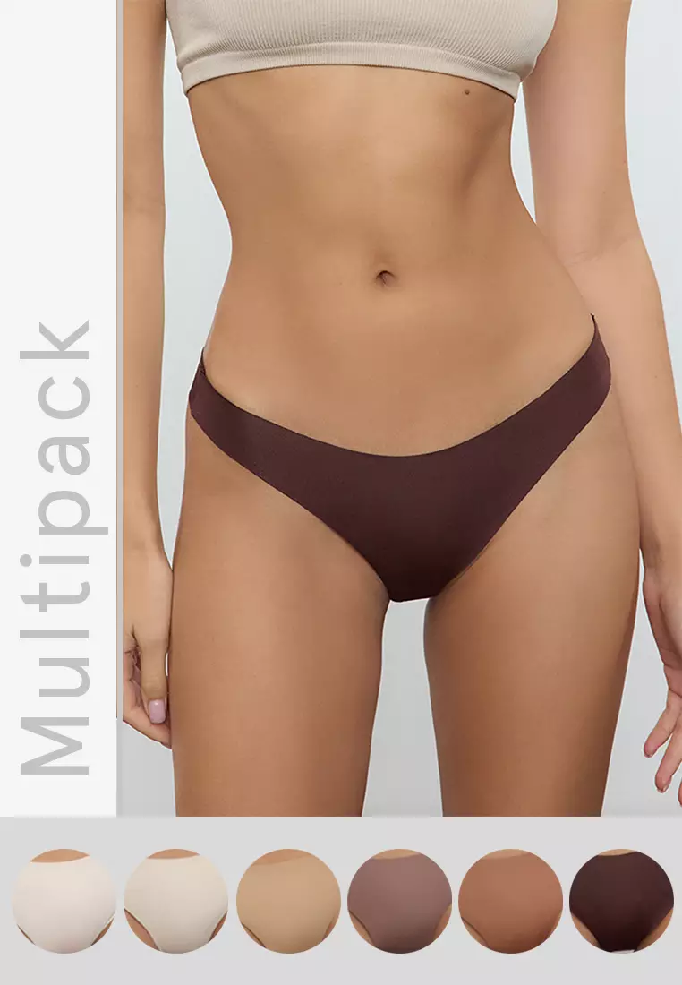 Brown-Multi Colorful 6-Pack Micro Seamless/Non-Trace Laser Cut Thong Knitted Panties