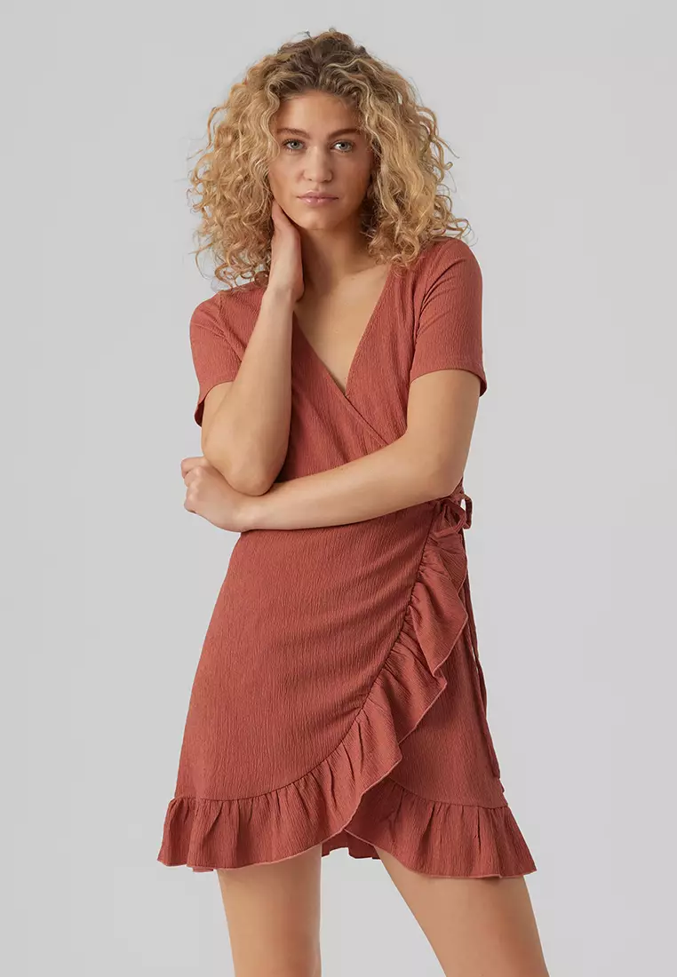 Red wrap dress short sleeve on sale