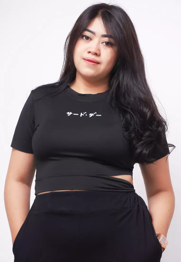 LTE20 TDLA CRWH Crop Short Sleeve Kaos Casual Wanita Katakana Black