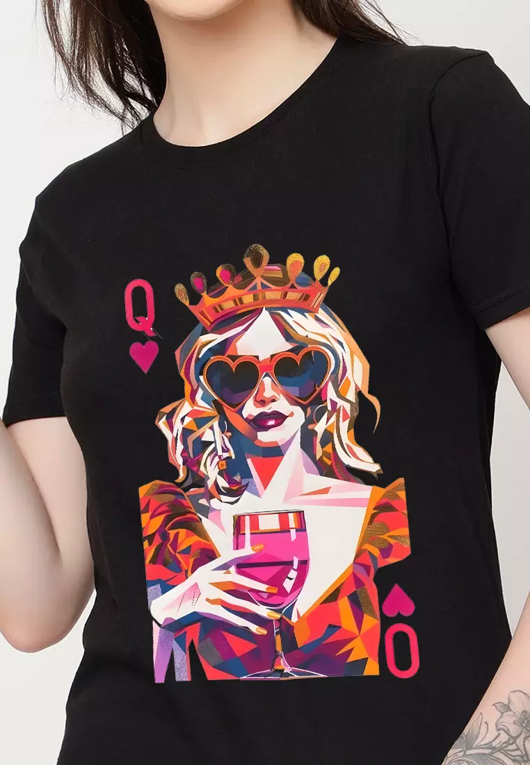 女式扑克牌皇后图案黑色棉质修身短袖圆领T恤