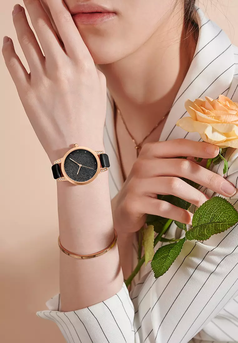 Jam Tangan Wanita Original Korea Mode Tali Kulit Jam Tangan Cewek SL3341 black