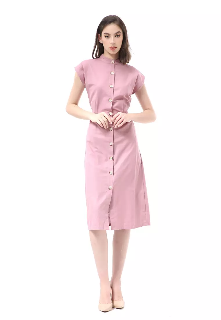 Rachel Rok Wanita Lengan Pendek Button Front Midi Dress Material Sateen ORIGINAL - Mauve