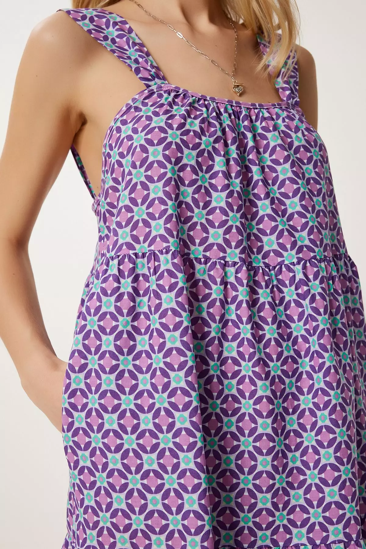 Women's Purple Patterned Flounced Summer Dress Fk00024