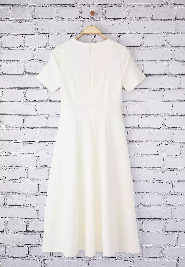 White Skirt Waist Opening Lined Midi Woven Dress Twoss25El00790
