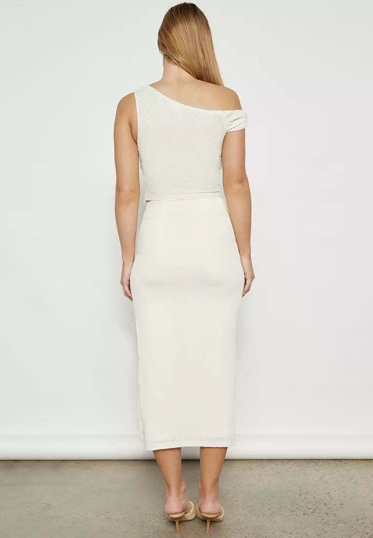 Asymmetric Neckline Textured Jersey Top and Skirt Set