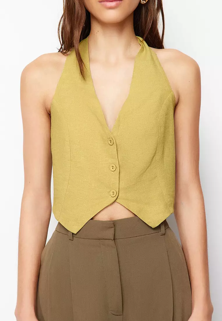 Oil Green Halter Neck Gathered Back Cotton Linen Crop Woven Blouse TWOSS24BZ00238