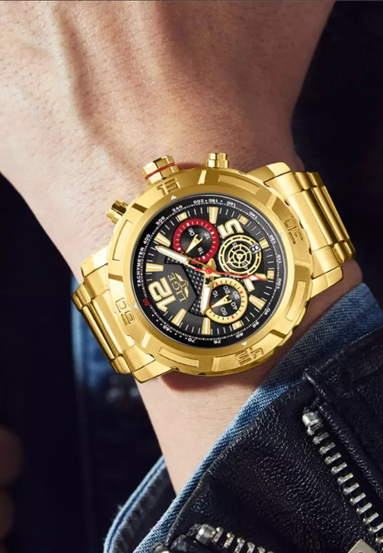 Chronograph Unisex IP Gold Stainless Steel Quartz Watch, IP Black Bezel, Metal Bracelet