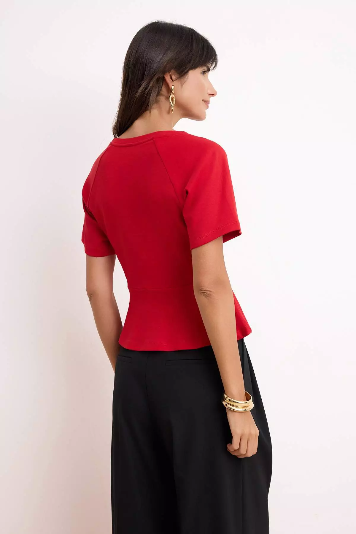 Red Peplum Raglan Sleeve Short Sleeve Accessory Detailed Interlock Knitted Blouse Twoss26Bz242