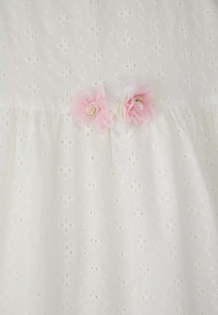 Girl's Ecru Dress 100% Cotton Ruffled Mini Short Sleeve Woven