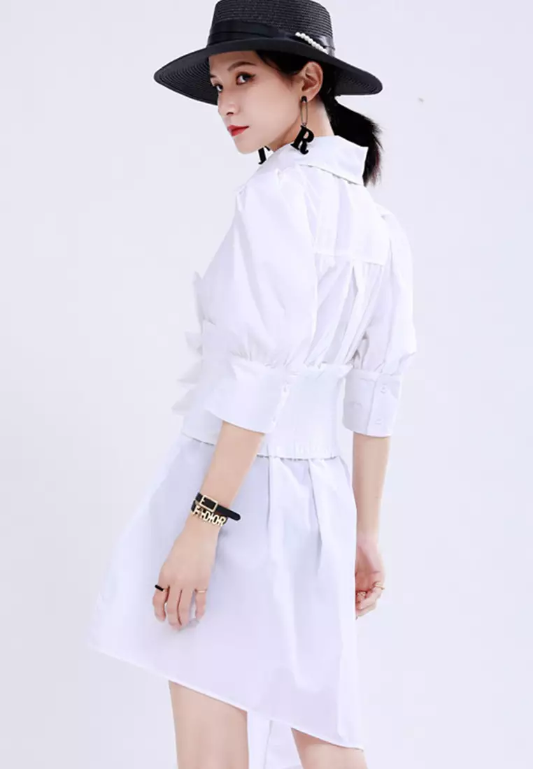 2025 S/S 重工設計款泡泡袖褶皺腰封不規則裙擺翻領連身裙 CA23032112W