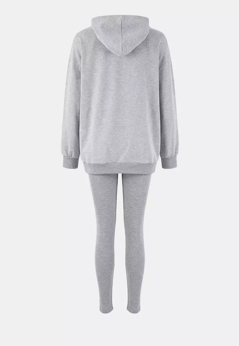 Gray Melange 3-Piece Oversized /Wide Fit Hooded Tights Knitted Bottom - Top Set Twoaw26Au151