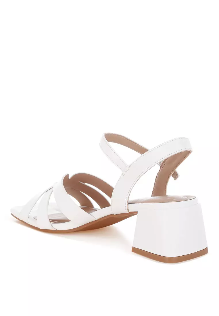 Strappy Square Toe Block Heels In White