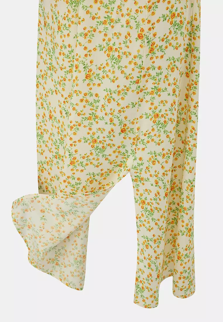 Yellow Floral Midi Woven Dress Tedss25El1