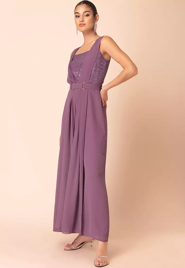 Buy Indya Purple Sequin Embroidered Jumpsuit With Belt And