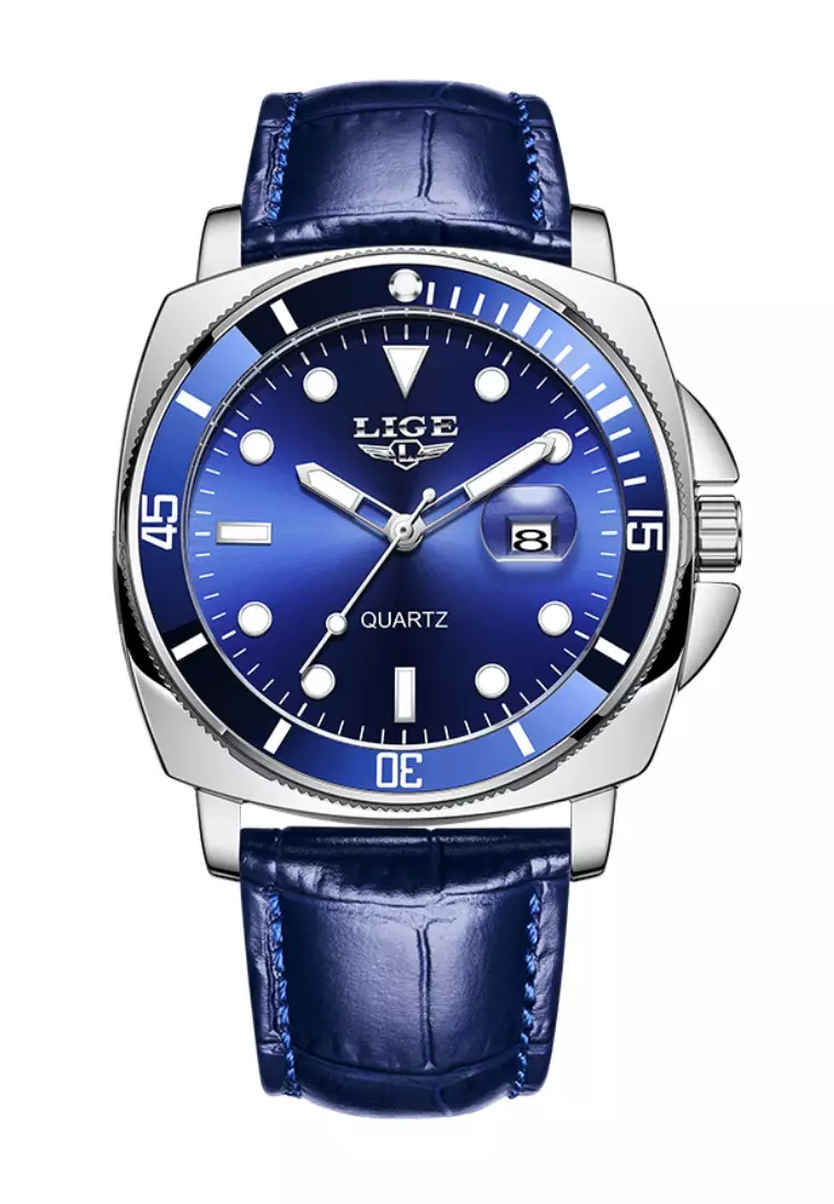 Unisex Classic Diver's Stainless Steel Quartz Watch with turning Bezel, Leather Strap