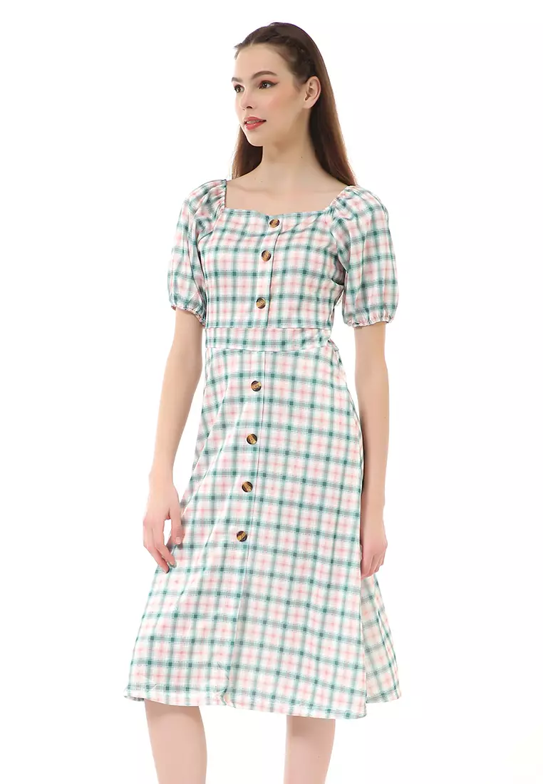 Rachel Dress Wanita Lengan Pendek Model Balon Plaid Motive Material Polyester ORIGINAL - Green