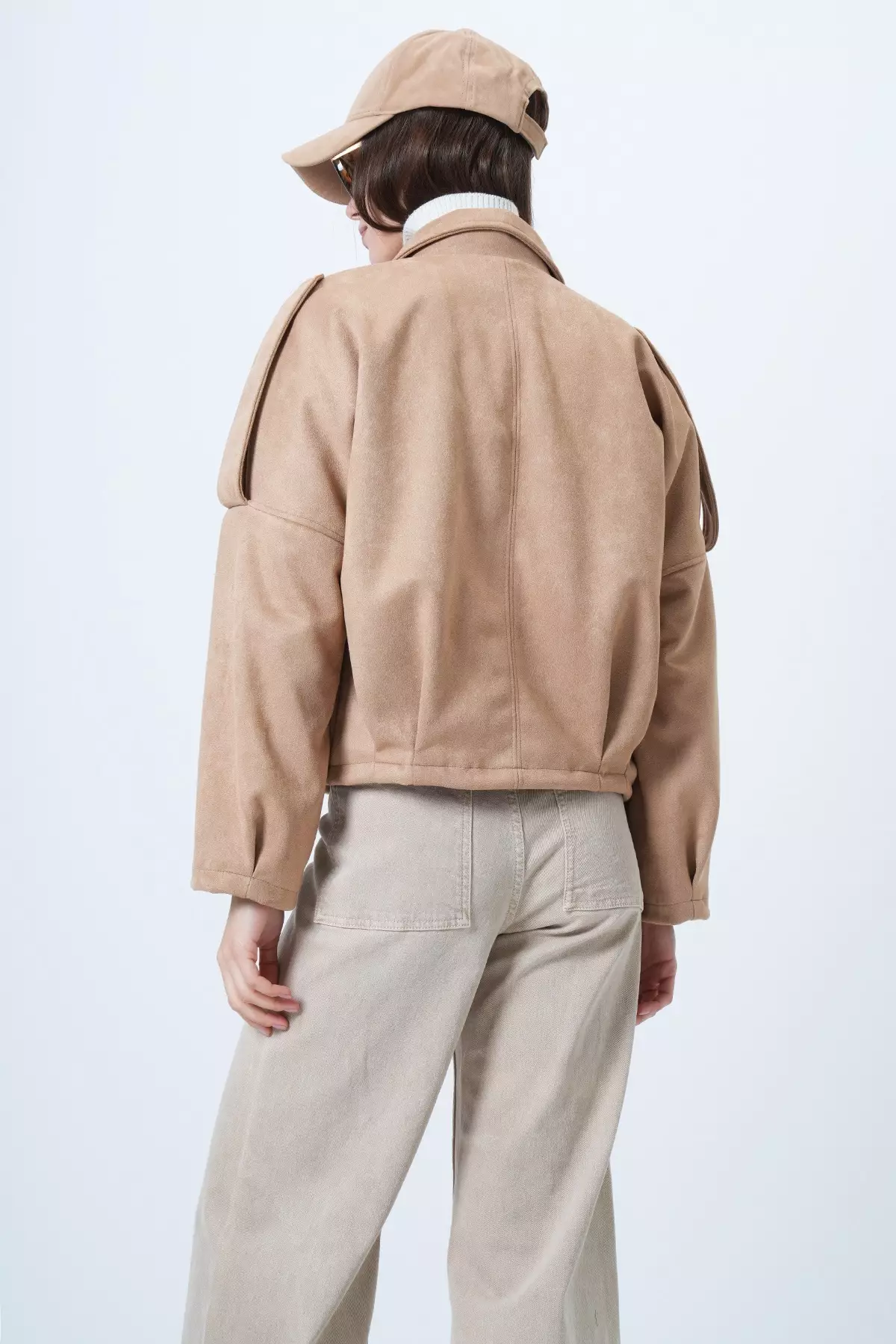 Beige Shoulder Padded Lined Faux Suede Bomber Jacket Alc-X14526