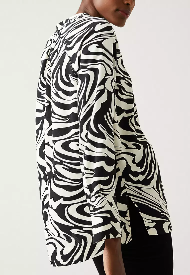 Printed V-Neck Oversized Popover Blouse