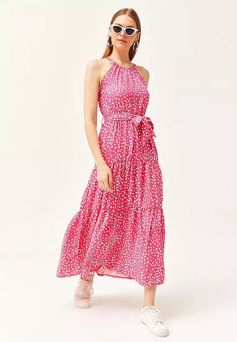 Halter Neck Belted Woven Viscose Dress