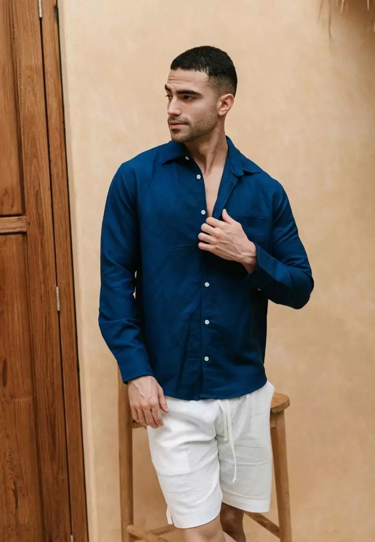 Santorini Kemeja Linen Lengan Panjang Pria Navy | Linen Long Sleeve Shirt Men Navy