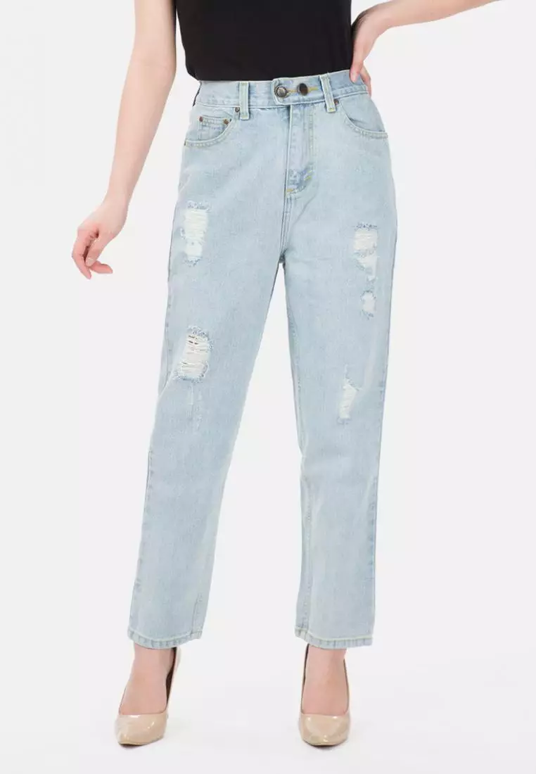 Jual MKY Clothing Elastic Waist Ripped Boyfriend Jeans in Aqua