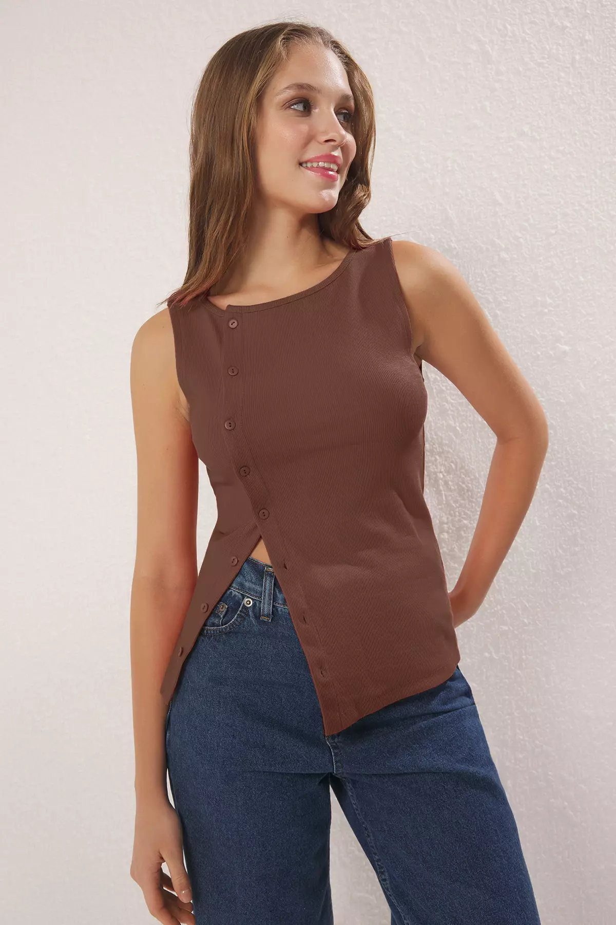 Brown Button Asymmetrical Fitted/Slim Fit Ribbed Stretch Knit Blouse
