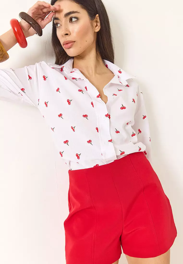 Women's Minimal Patterned Watermelon Sleeves Regular Shirt 1686 60284040