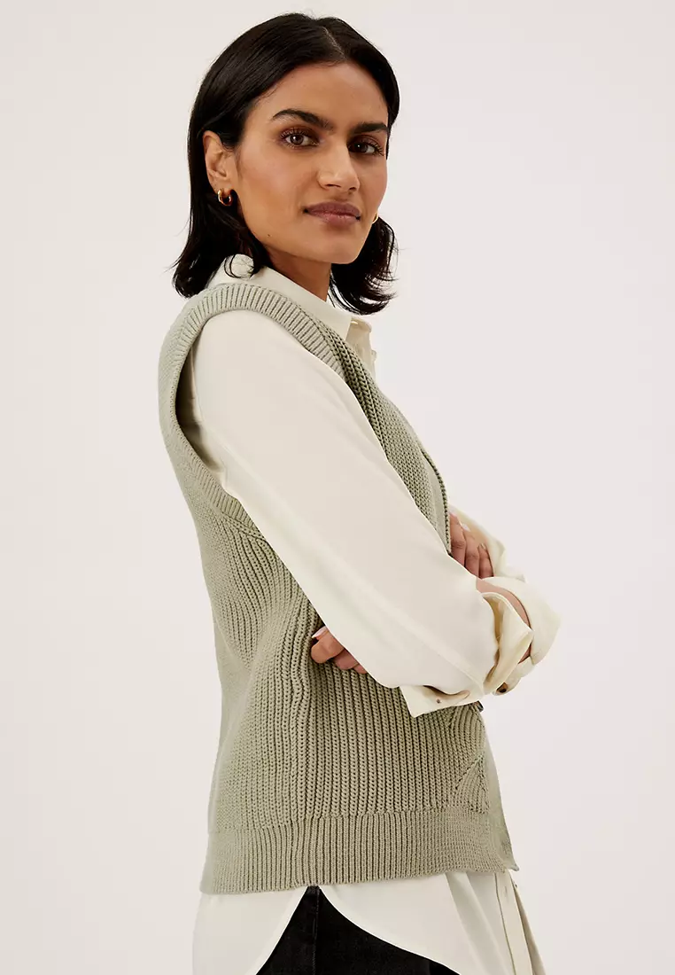 Cotton Rich Textured V-Neck Knitted Vest