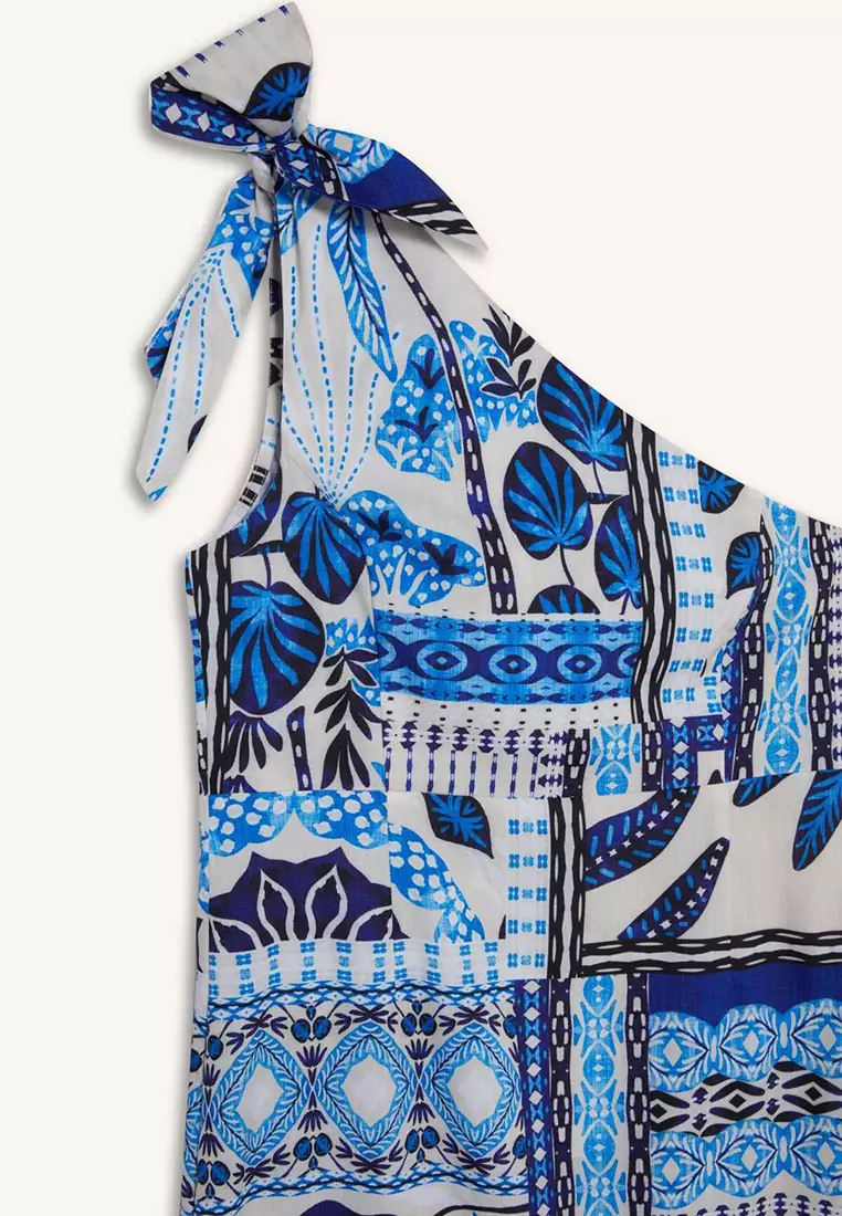 Tropical Print One Shoulder Poplin Dress