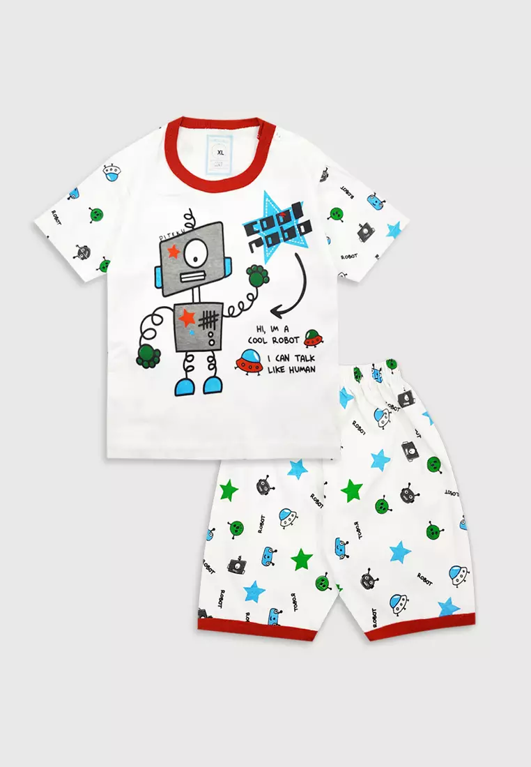Wakakids Setelan Bayi Anak Laki Laki Usia 6 - 12 Bulan Motif Cool Robot 3349 Merah