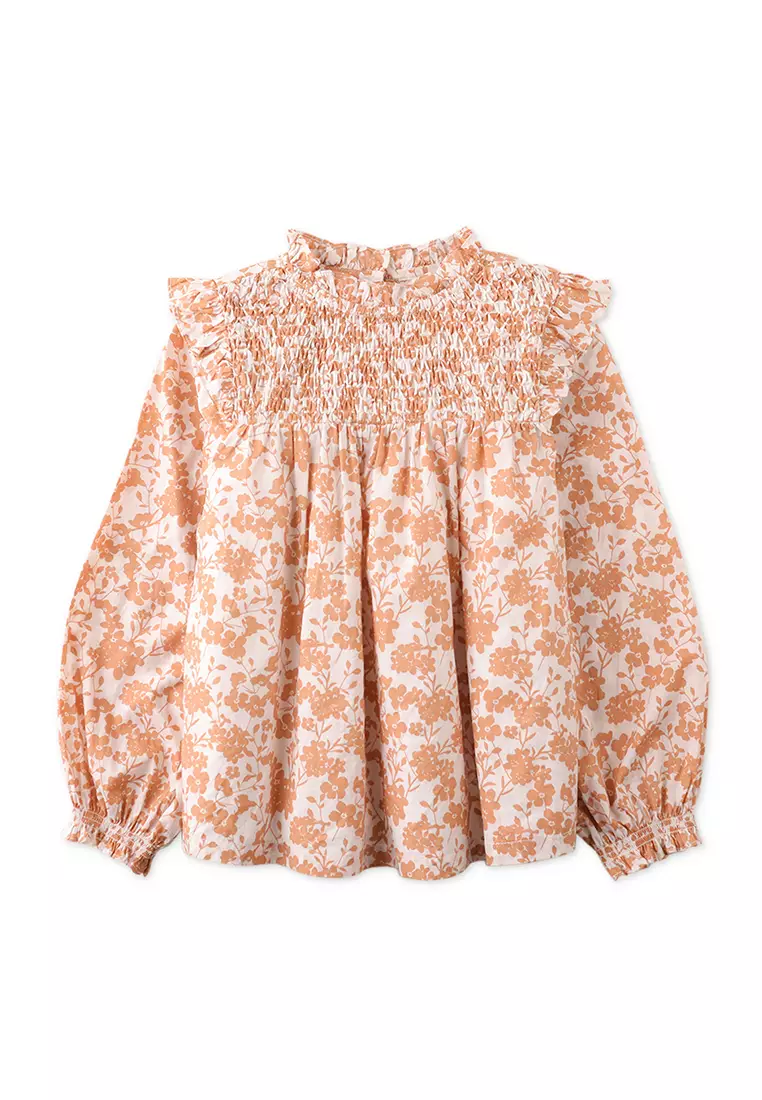 Girls Printed Long Sleeves Top With Diamond Smocked Yoke
