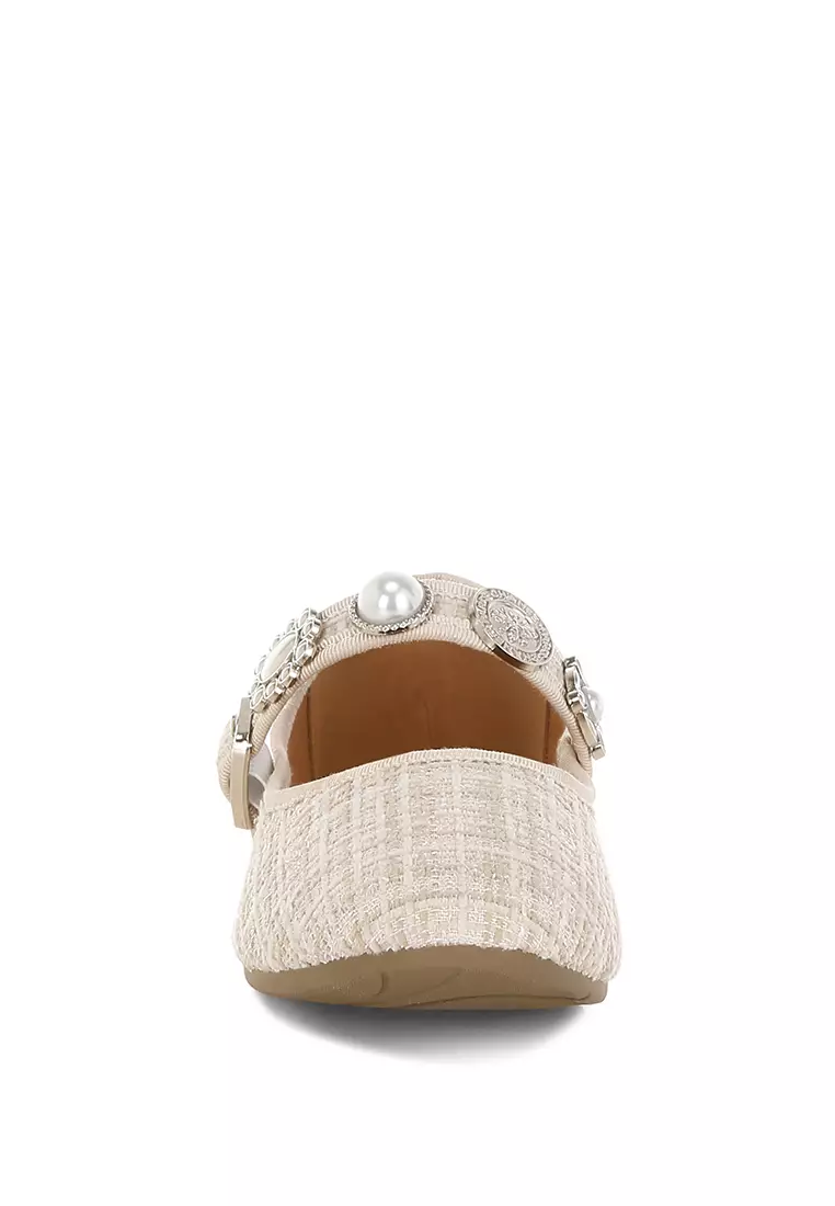Charms Embellished Tweed Mary Janes In Beige