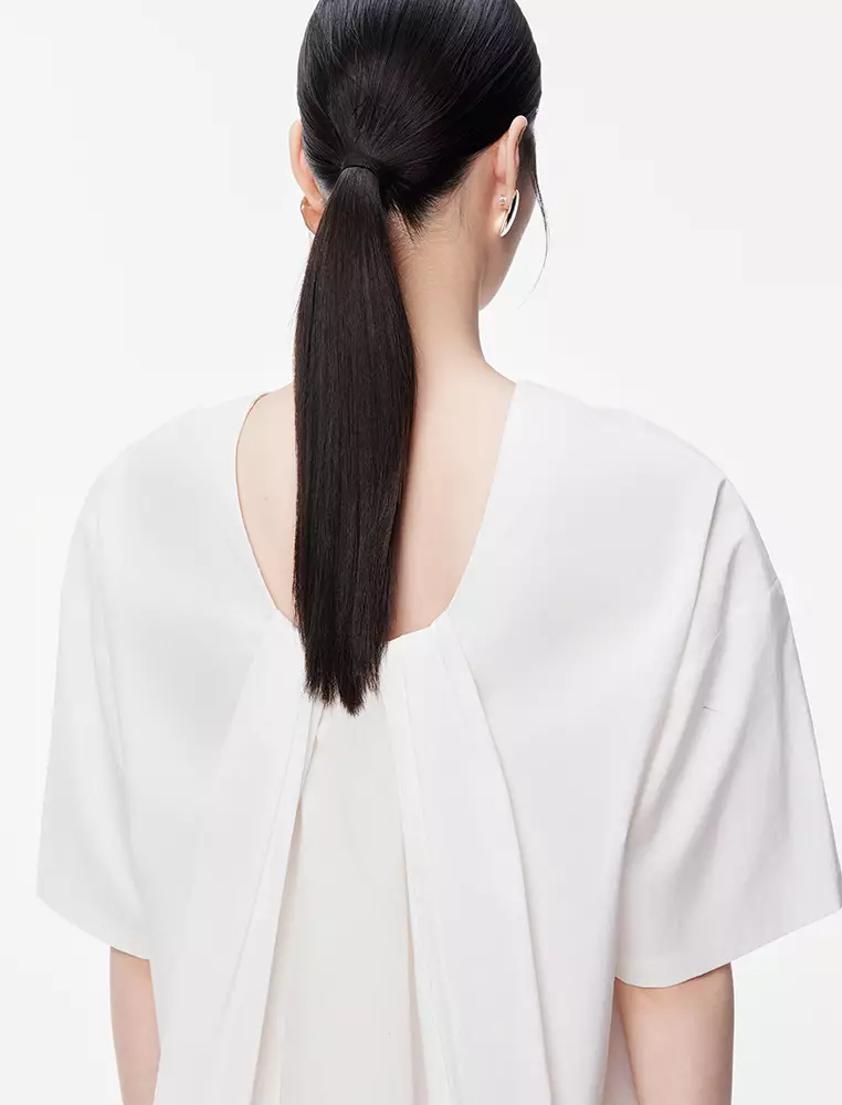 褶皺中長款短袖連衣裙