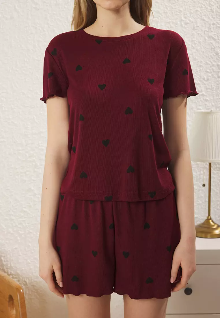 Burgundy Heart Slogan Printed Elastic Ribbed Shorts Knitted Pajama Set