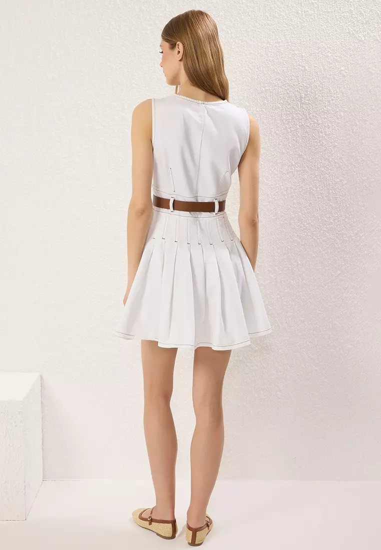 Ecru Belted V Neck Pleated Mini Denim Dress TWOSS25EL00739