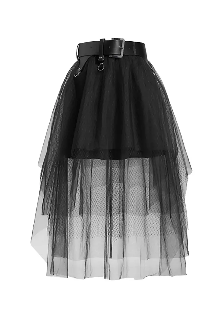 Mesh Layered Tulle Skirt with Belt