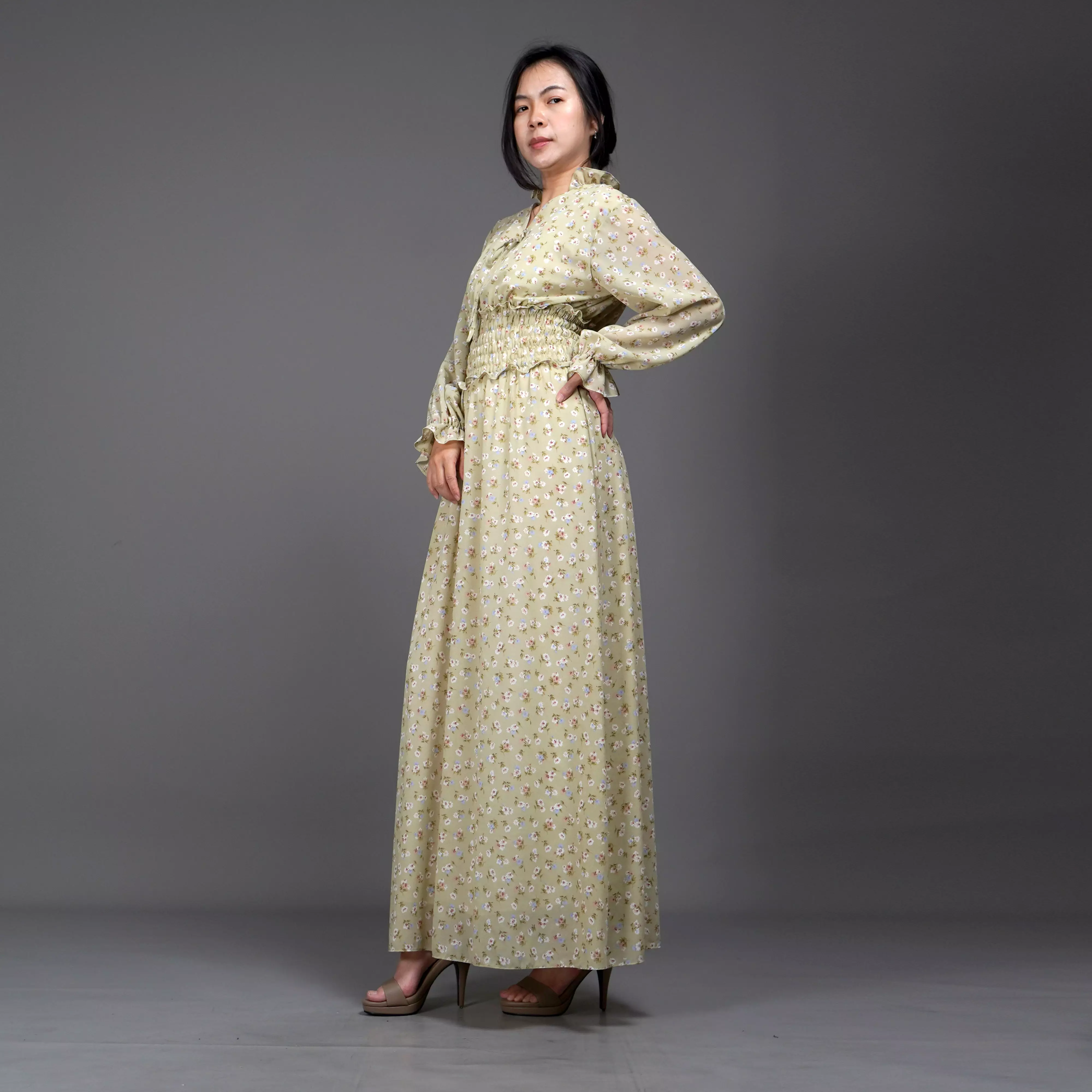  Dress SHALMA Long Dress Sifon Gaun Panjang Gaya Korea - Hijau