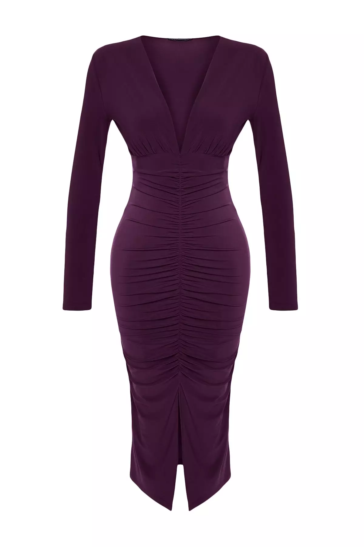 Plum Draped V Neck Fitted Flexible Midi Knitted Dress