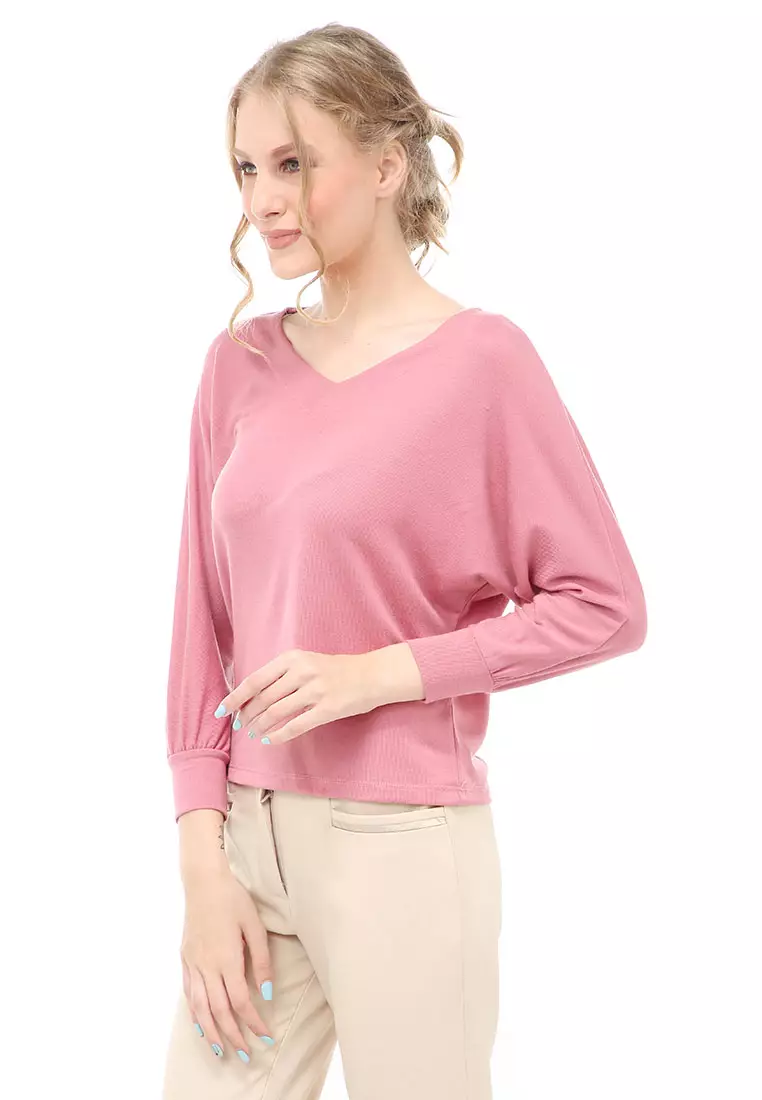 Genevie Shirt Kaos Atasan Kasual Wanita Lengan Panjang Kupu-kupu Material Cotton ORIGINAL - Pink