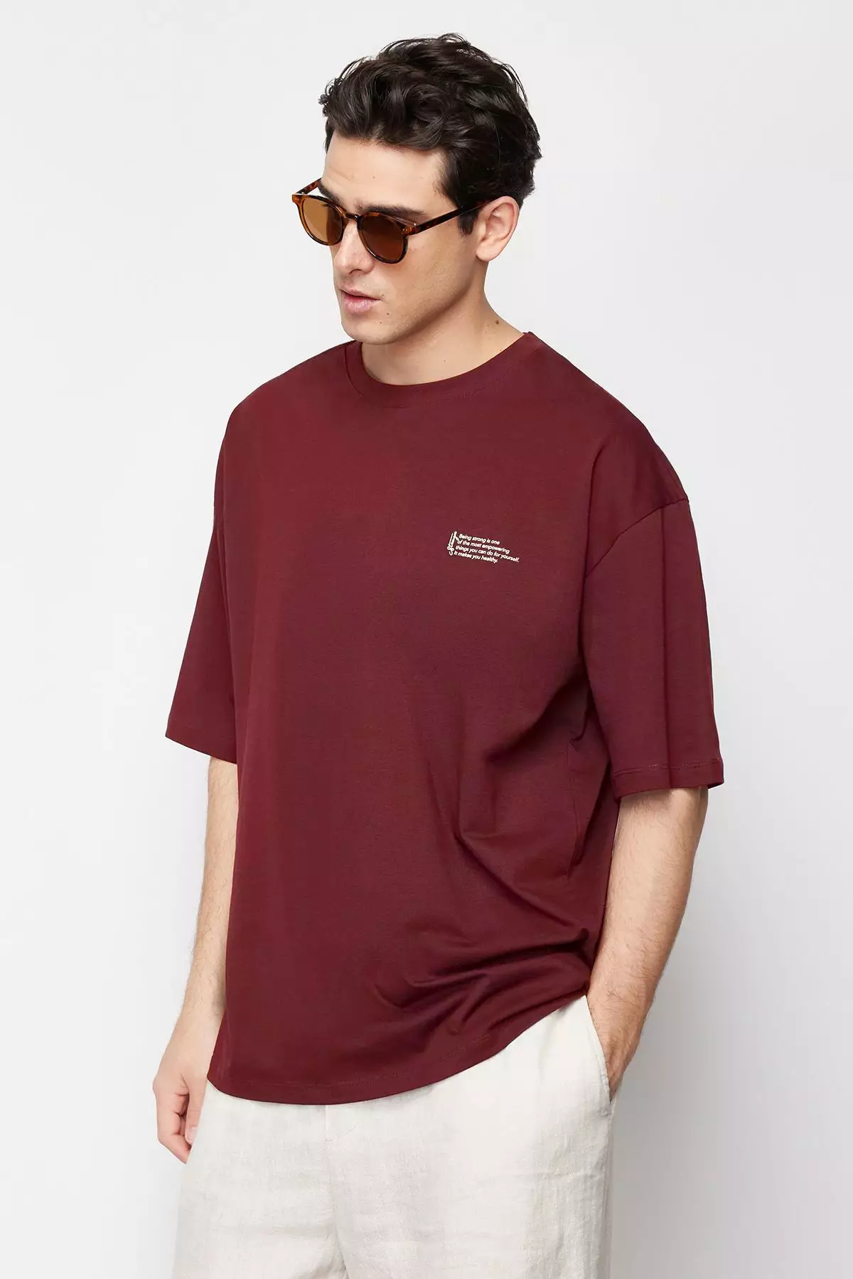Claret Red Oversize 100% Cotton Crew Neck Minimal Text Printed T-shirt TMNSS23TS00084