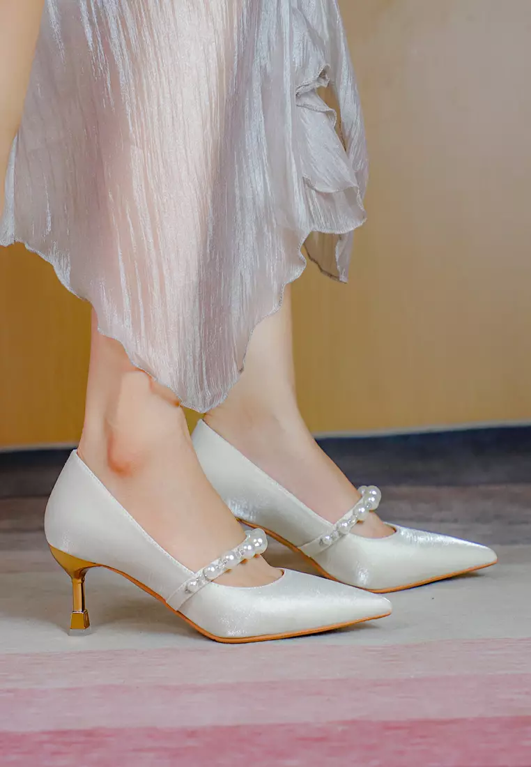 6CM Pearl Strap Satin Fabric Pumps 2170-8