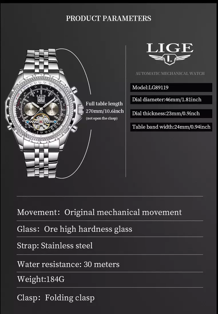 AUTOMATIC Unisex Stainless Steel Self-winding Watch, 46mm Diameter, Black dial on Steel Bracelet