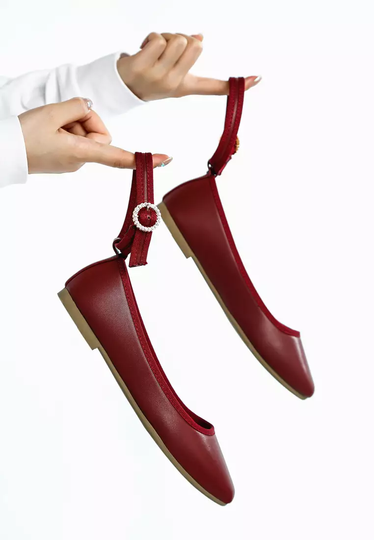 Burgundy Ankle Strap Detail Ballet Flats
