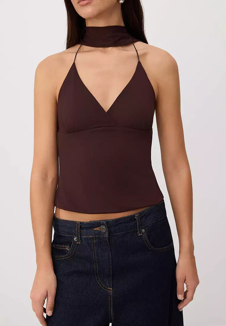 Brown Polka Dot Li Fitted Halter Neck Tie-Detail Accessory Detail Tulle Knitted Blouse Twoss26Bz488